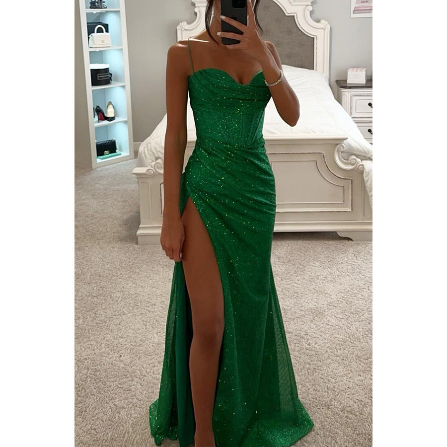 Sparkling Long Women's Dress – Sculpted Bustier and High Slit