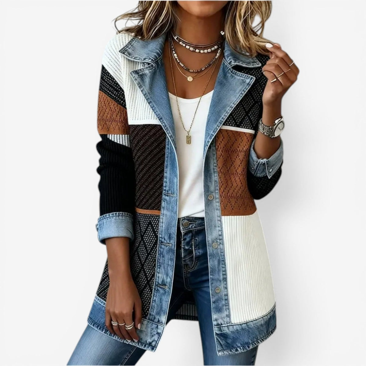 Women's Soft Knit Blazer – Denim Trim and Long Silhouette
