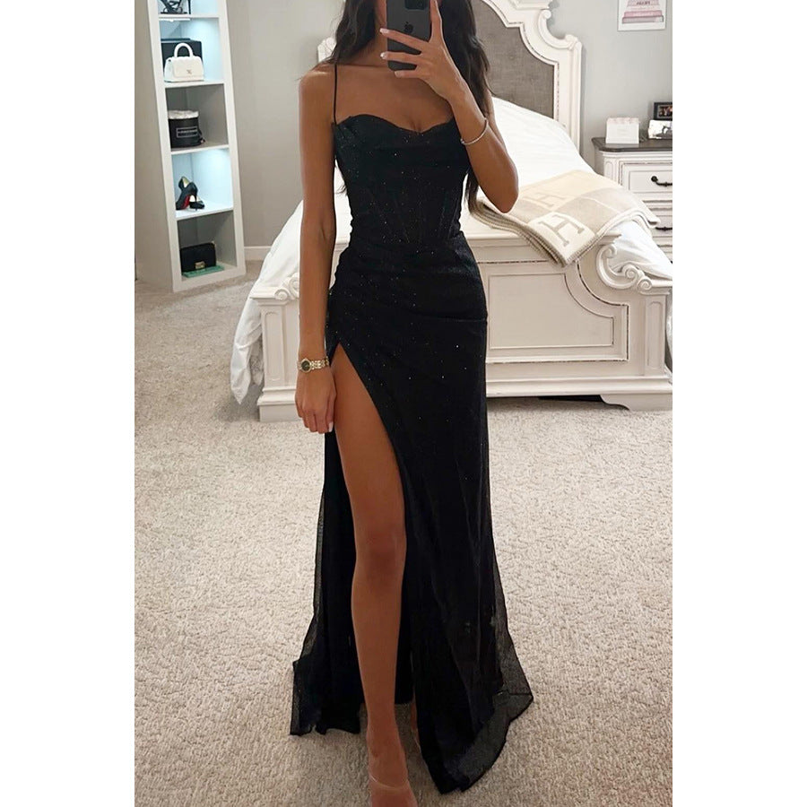 Sparkling Long Women's Dress – Sculpted Bustier and High Slit