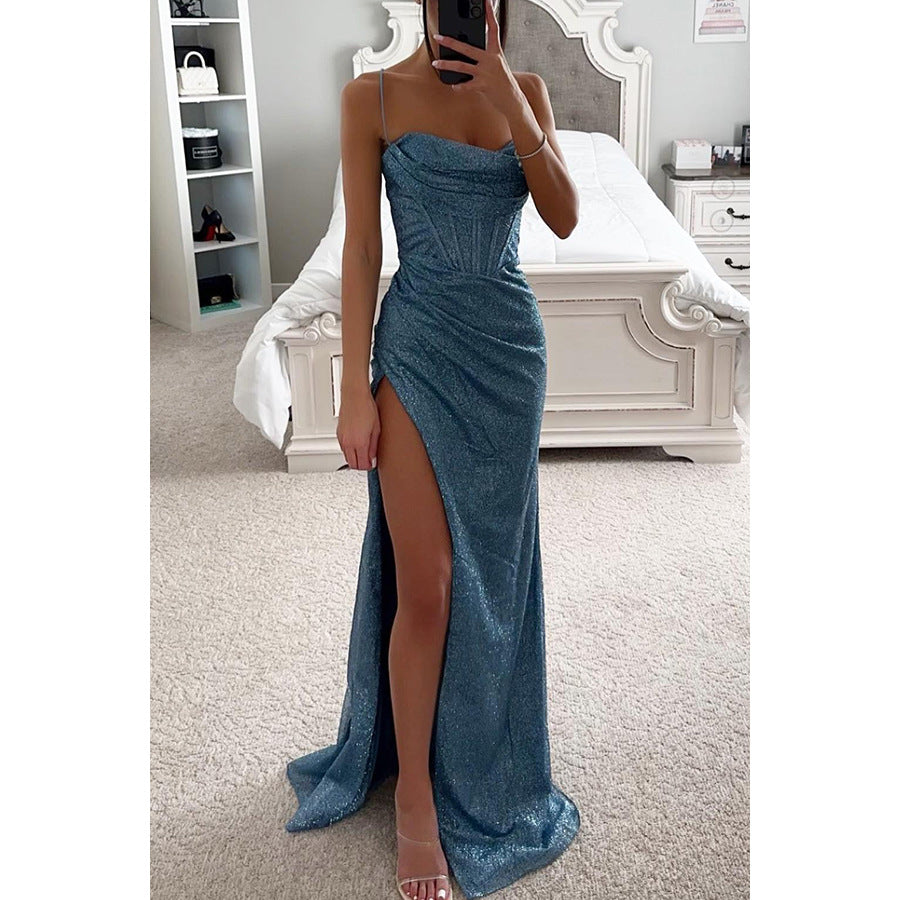 Sparkling Long Women's Dress – Sculpted Bustier and High Slit