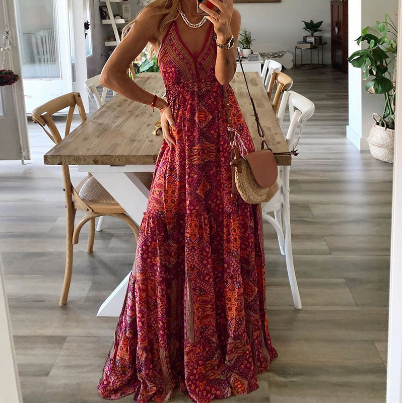 Women's Bohemian Lightweight Maxi Dress – Flowing High-Waist V-Neck Silhouette