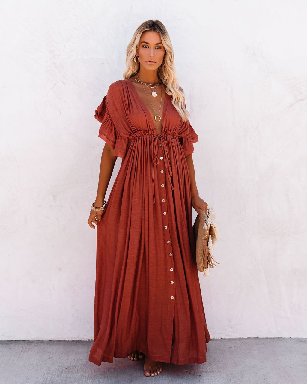 Women's Bohemian Lightweight Maxi Dress – Buttoned Style with Drawstring Waist