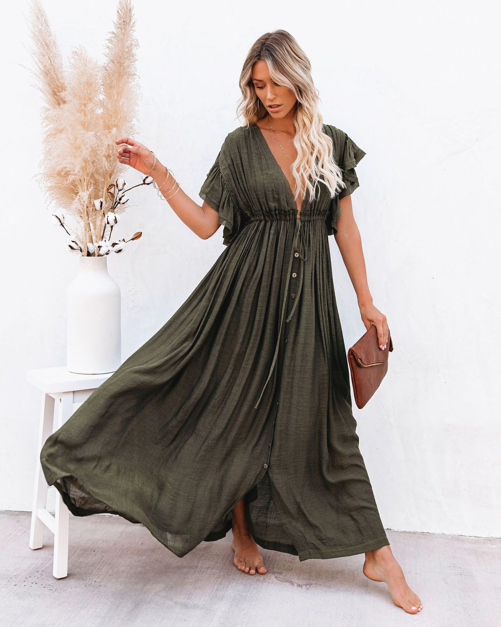 Women's Bohemian Lightweight Maxi Dress – Buttoned Style with Drawstring Waist