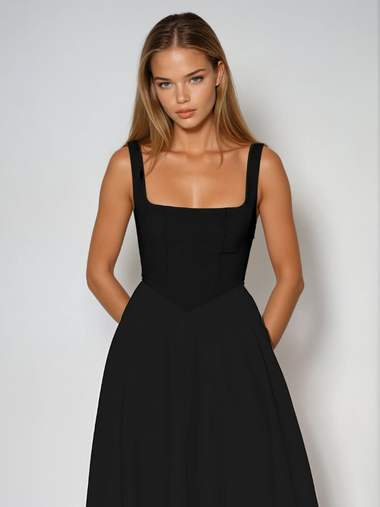 Women's square-neck midi dress – sleeveless flared fit