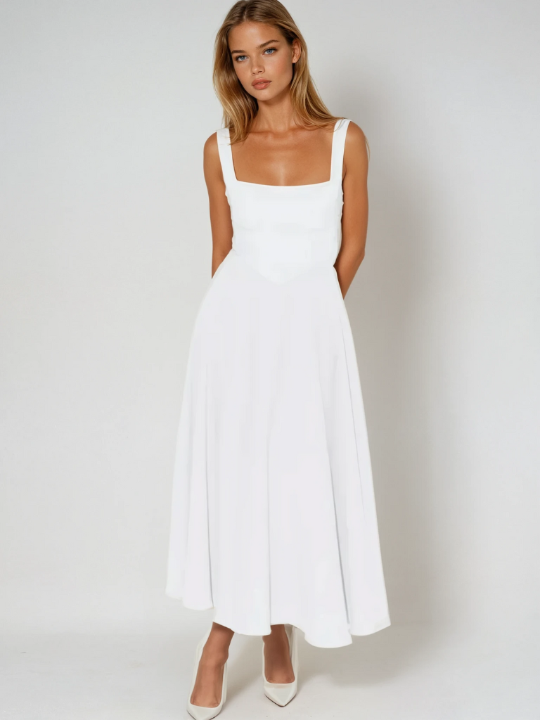 Women's square-neck midi dress – sleeveless flared fit