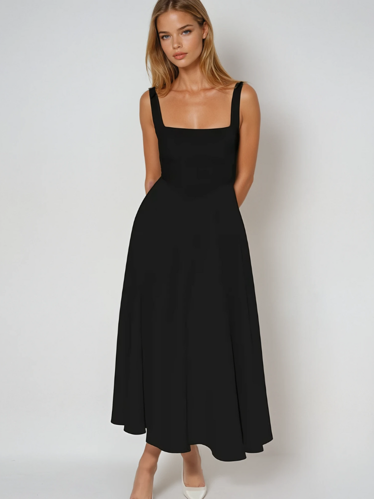 Women's square-neck midi dress – sleeveless flared fit
