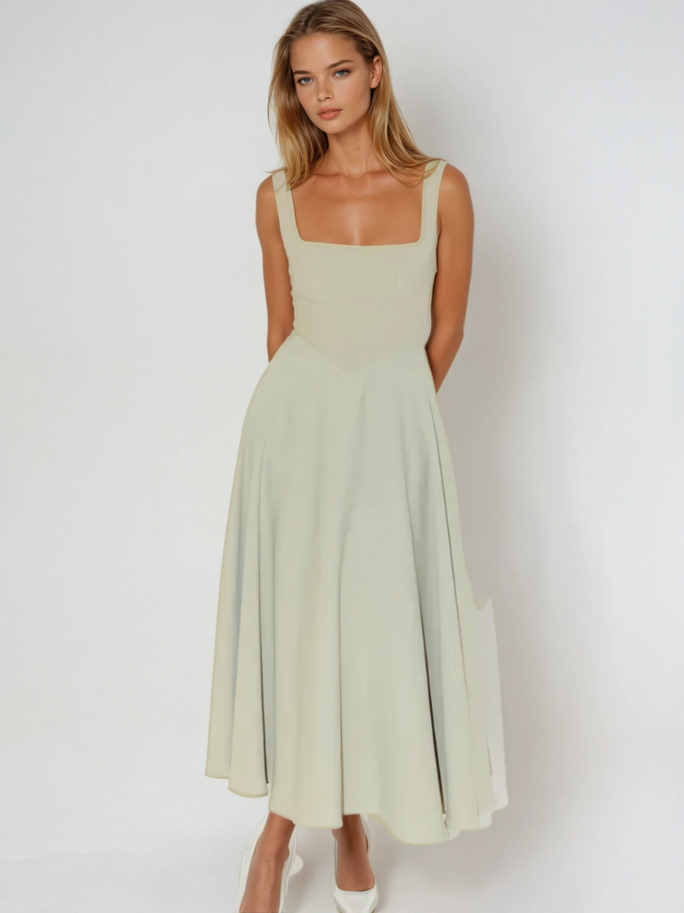 Women's square-neck midi dress – sleeveless flared fit