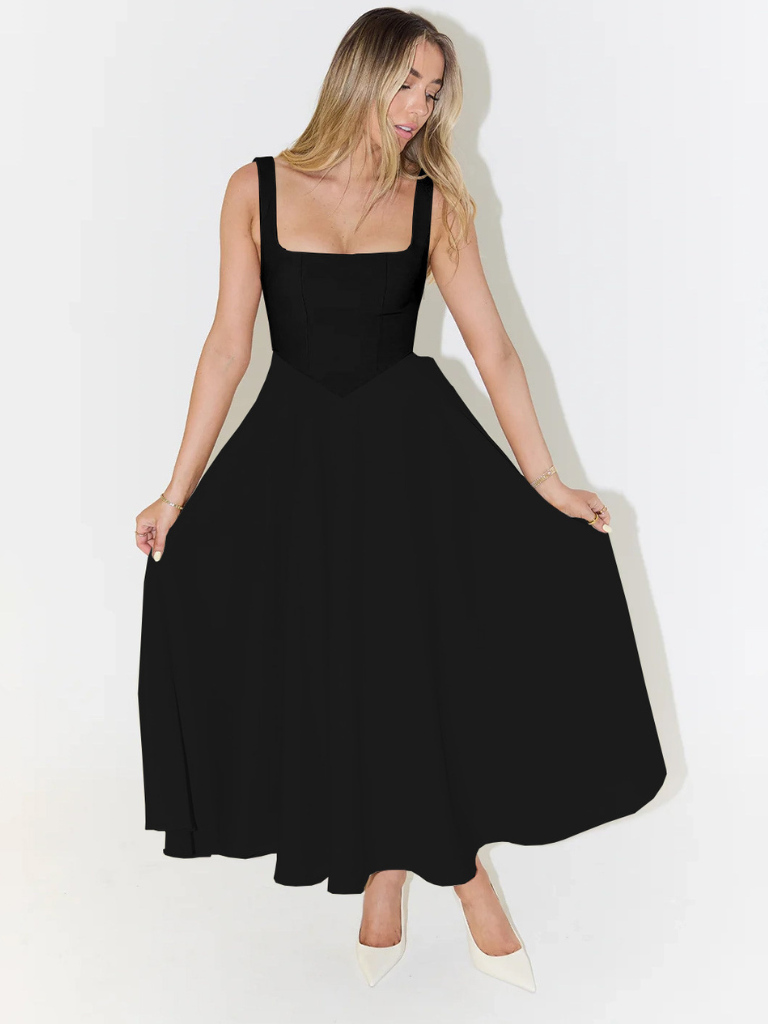 Women's square-neck midi dress – sleeveless flared fit