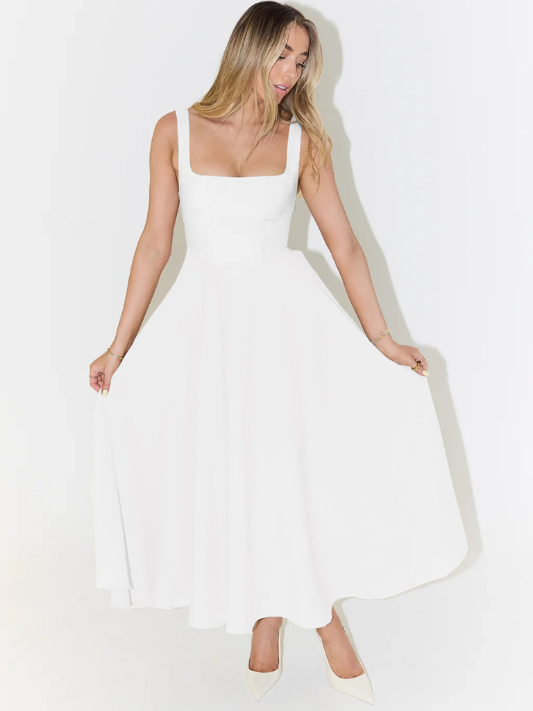 Women's square-neck midi dress – sleeveless flared fit