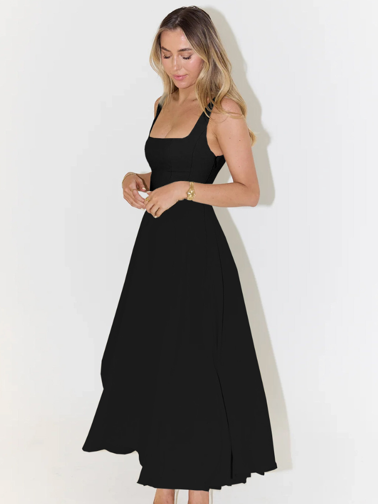 Women's square-neck midi dress – sleeveless flared fit