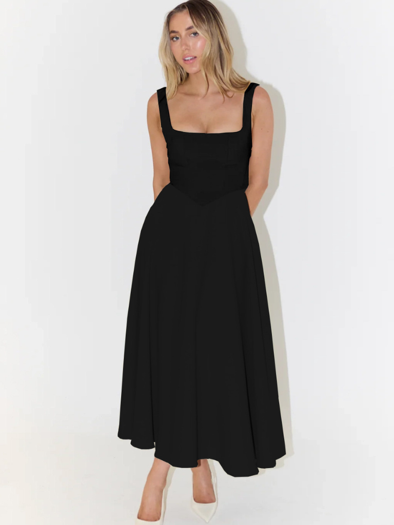 Women's square-neck midi dress – sleeveless flared fit