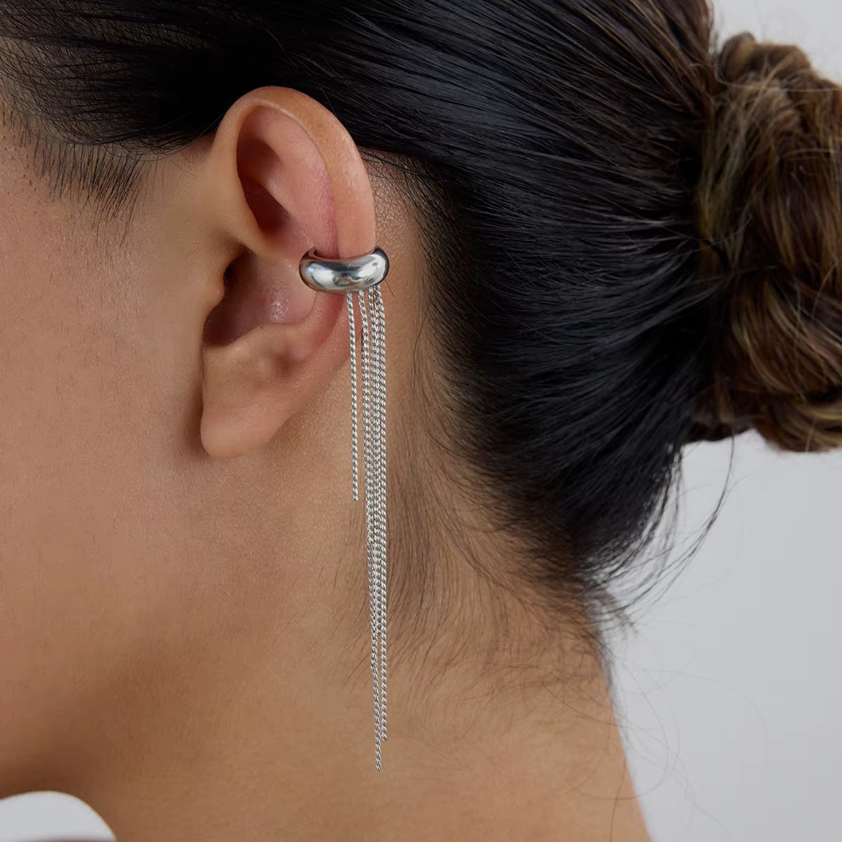 Women's stainless steel tassel ear cuff – Long statement drop