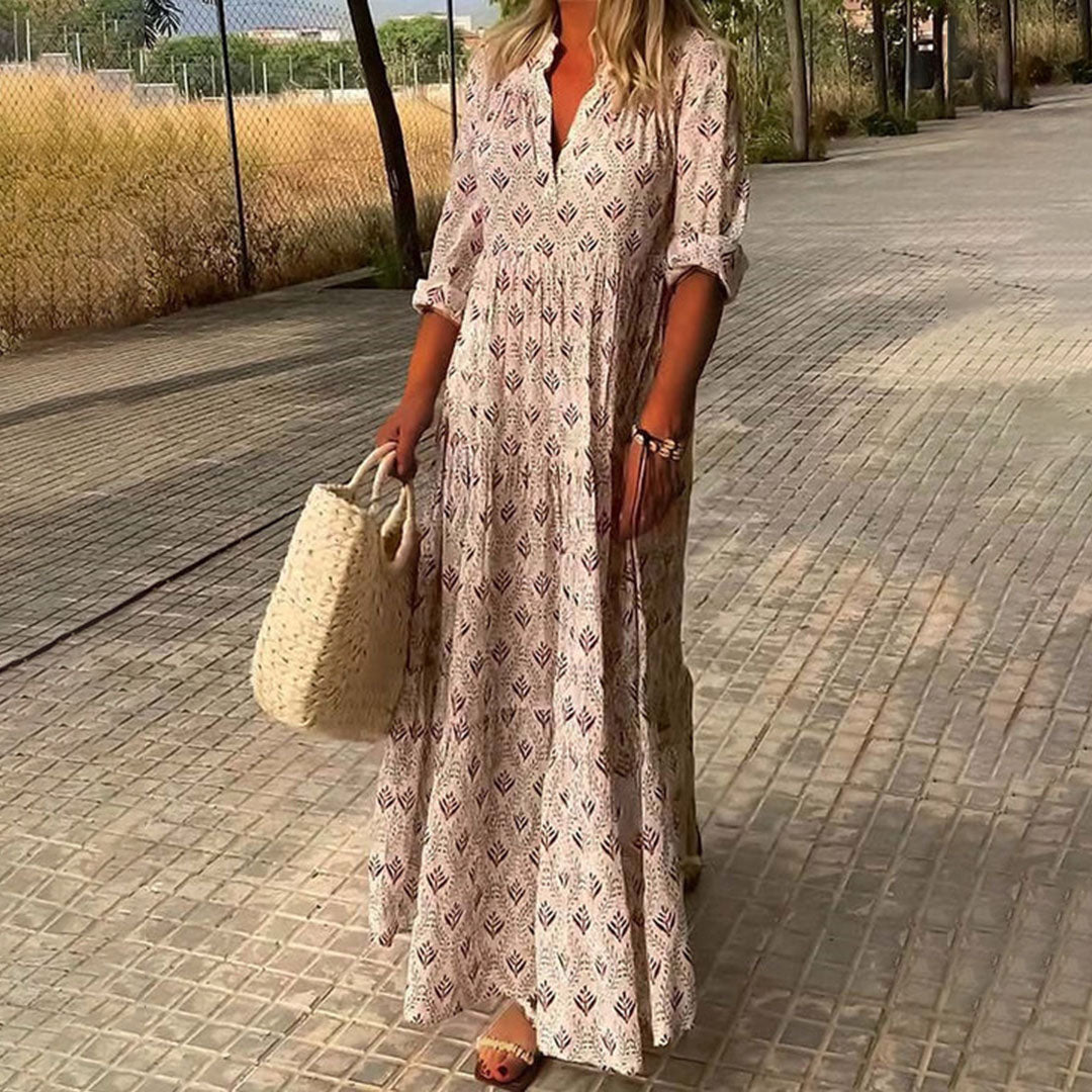 Women’s Bohemian V-Neck Maxi Dress – Loose Cut Mid-Length Sleeves Lightweight