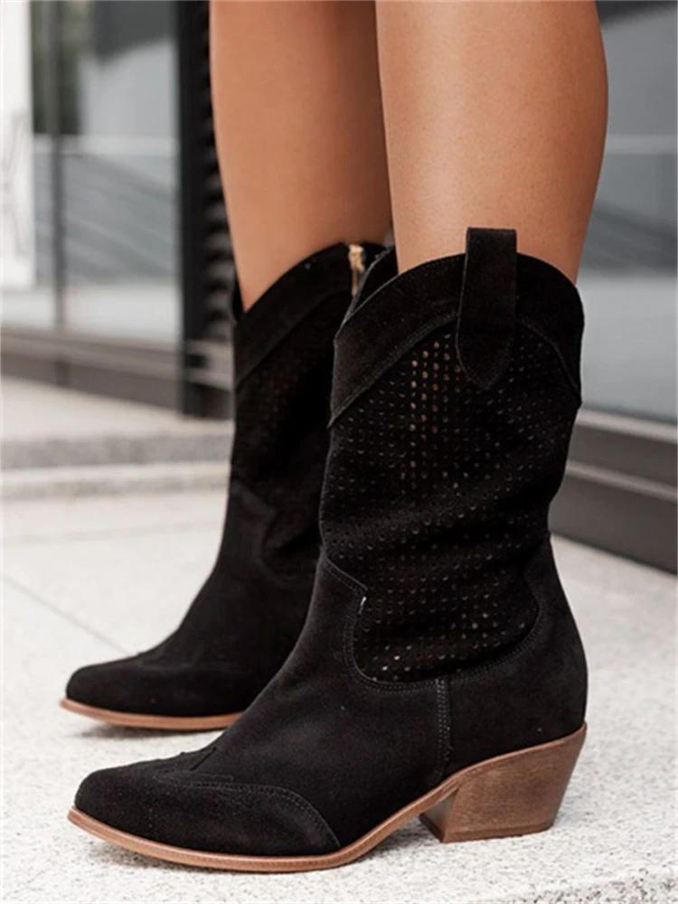 Women's Suede Cowboy Boots – Mid Square Heel