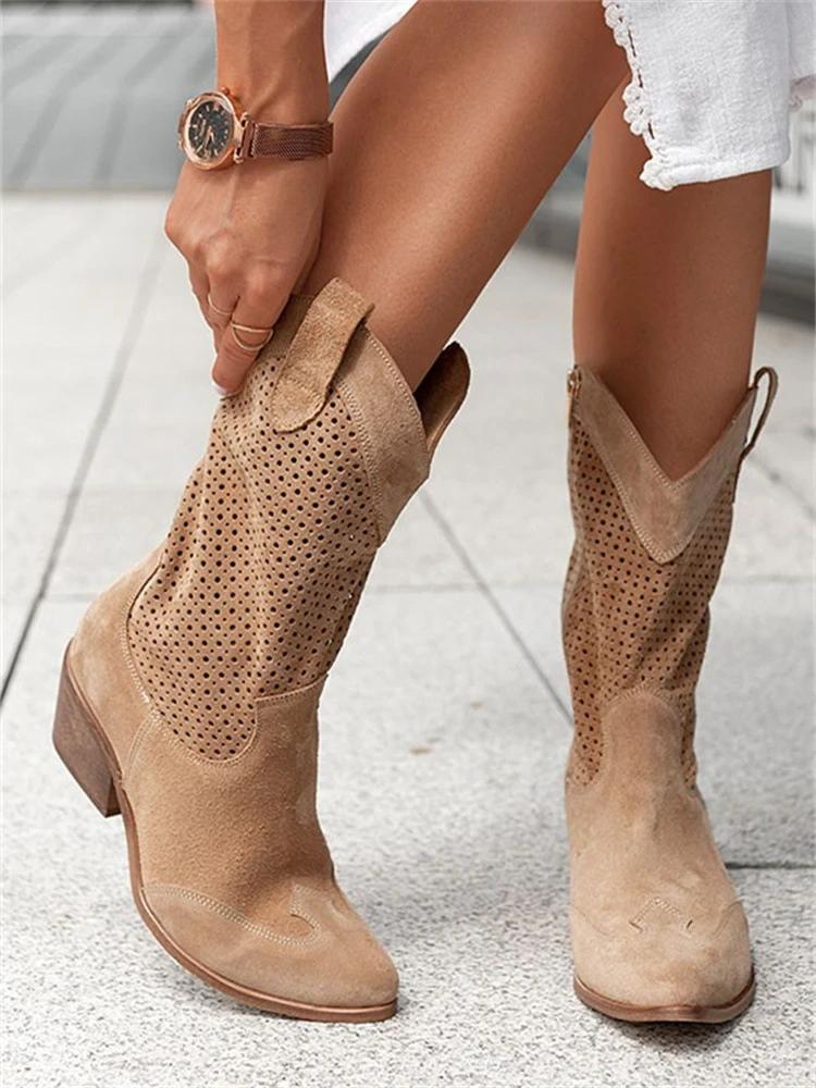 Women's Suede Cowboy Boots – Mid Square Heel