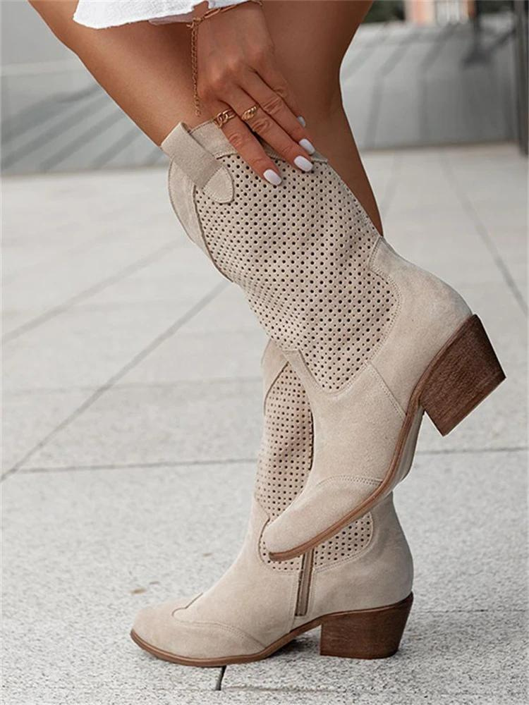 Women's Suede Cowboy Boots – Mid Square Heel