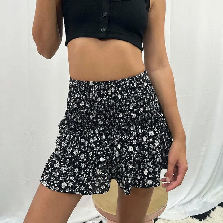Women's Mini Skirt with Paisley Print – Layered Ruffles and Gathered Waist