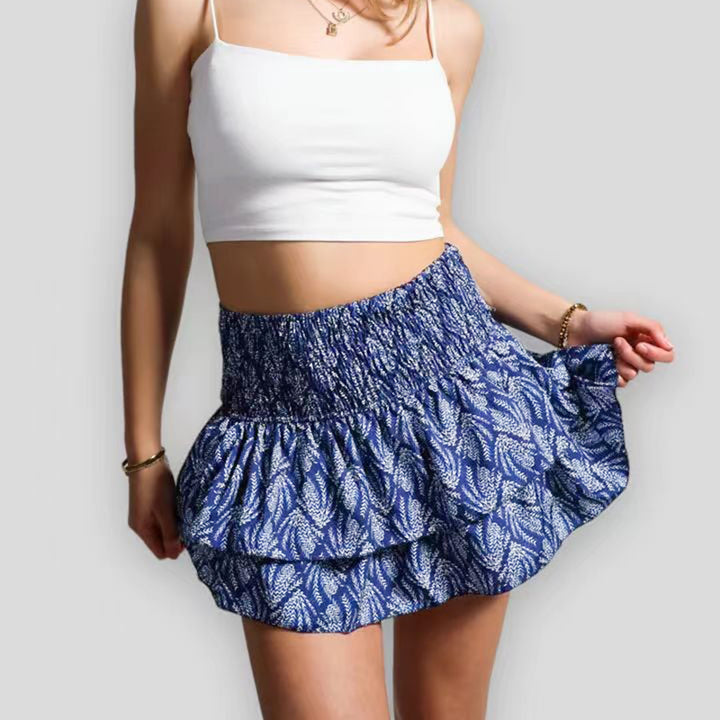 Women's Mini Skirt with Paisley Print – Layered Ruffles and Gathered Waist