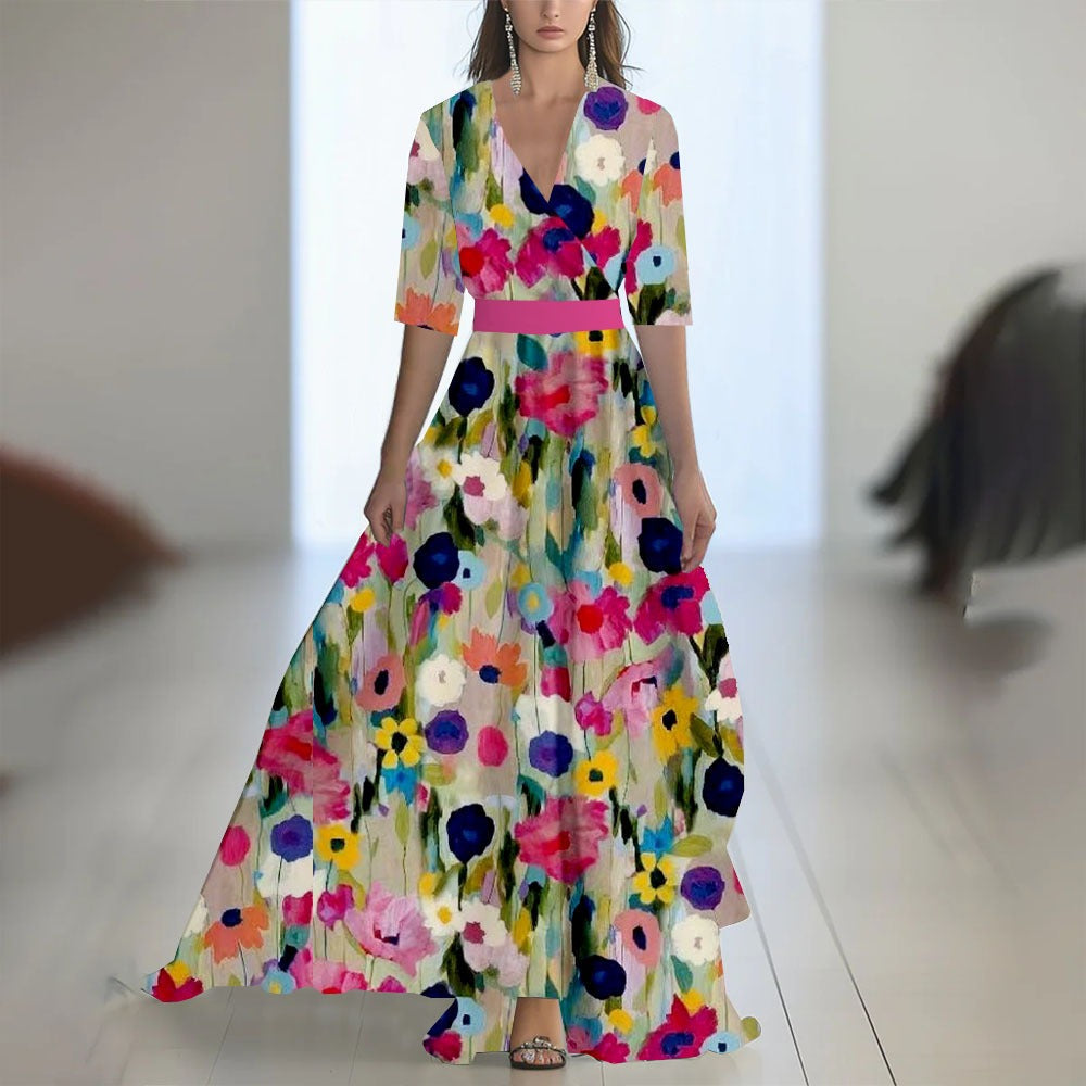 Women's floral maxi dress – V-neck fitted waist
