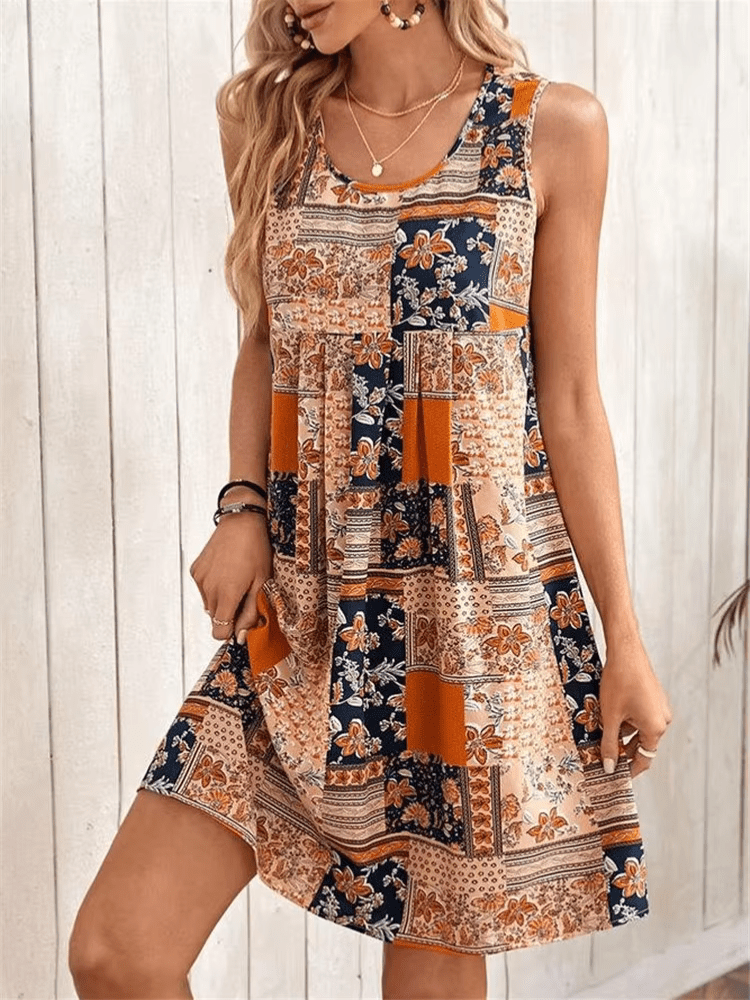 Women's Bohemian Lightweight Mini Dress – Sleeveless Patchwork Design