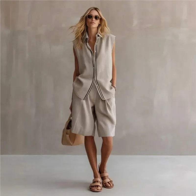 Women's Two-Piece Set – Sleeveless Shirt & Knee-Length Shorts