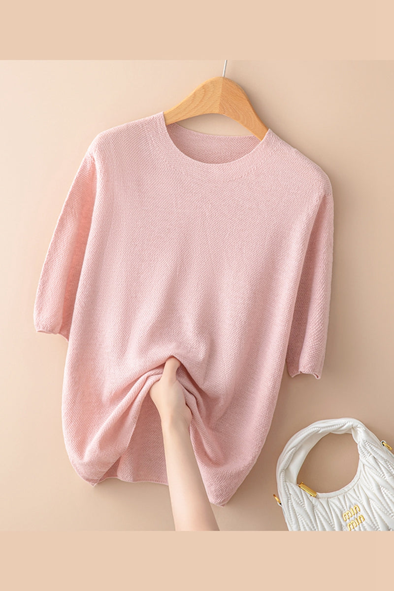 Women's Fine Knit Short Sleeve Top – Lightweight Round Neck
