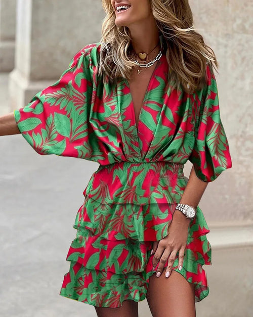 Women's Bohemian Lightweight Mini Dress – V-Neck with Batwing Sleeves