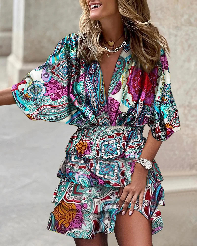 Women's Bohemian Lightweight Mini Dress – V-Neck with Batwing Sleeves
