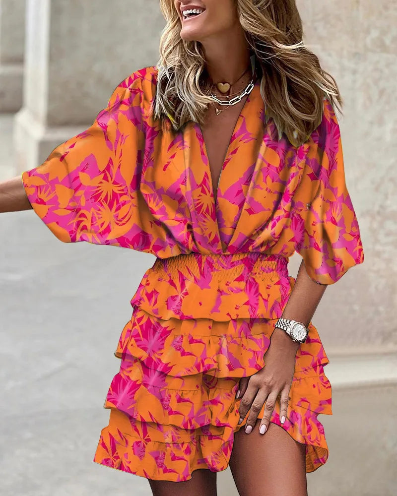Women's Bohemian Lightweight Mini Dress – V-Neck with Batwing Sleeves