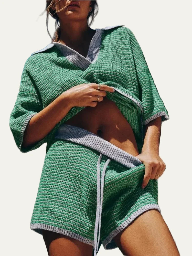 Women's Two-Piece Knit Set – Oversized V-Neck Top & Coordinated Shorts