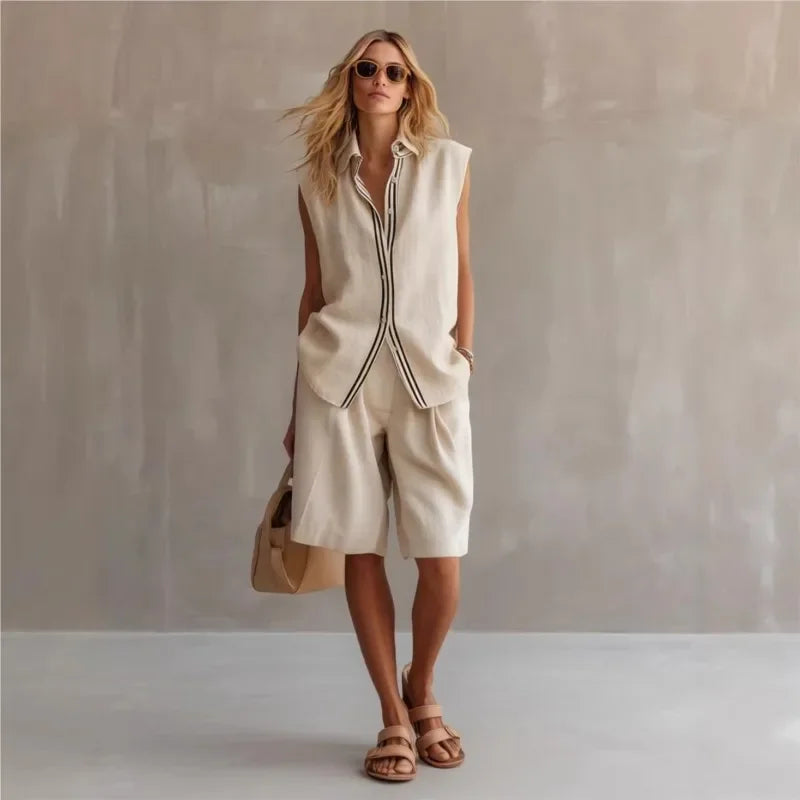 Women's Two-Piece Set – Sleeveless Shirt & Knee-Length Shorts