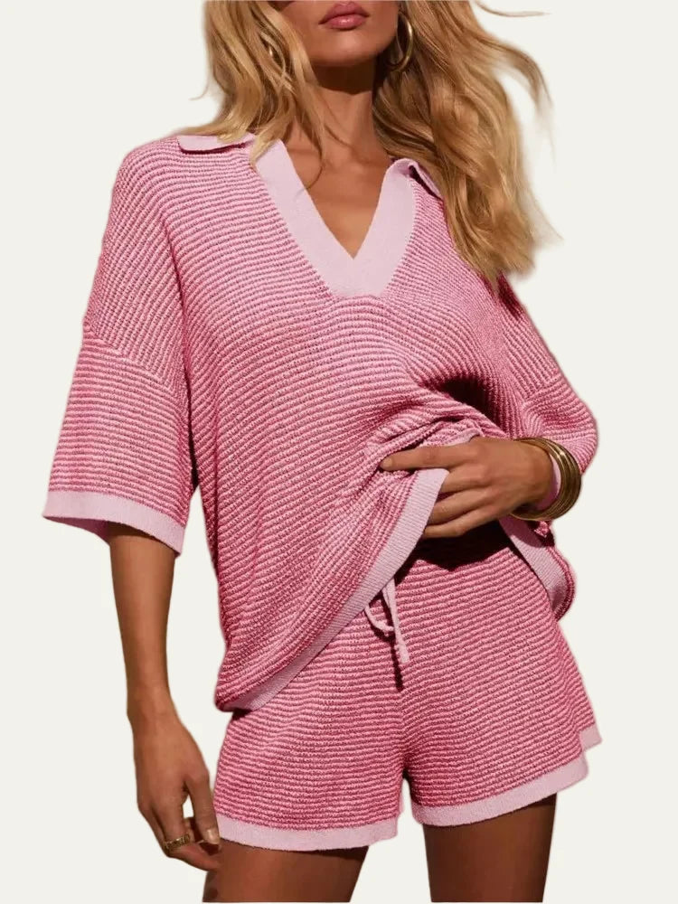Women's Two-Piece Knit Set – Oversized V-Neck Top & Coordinated Shorts