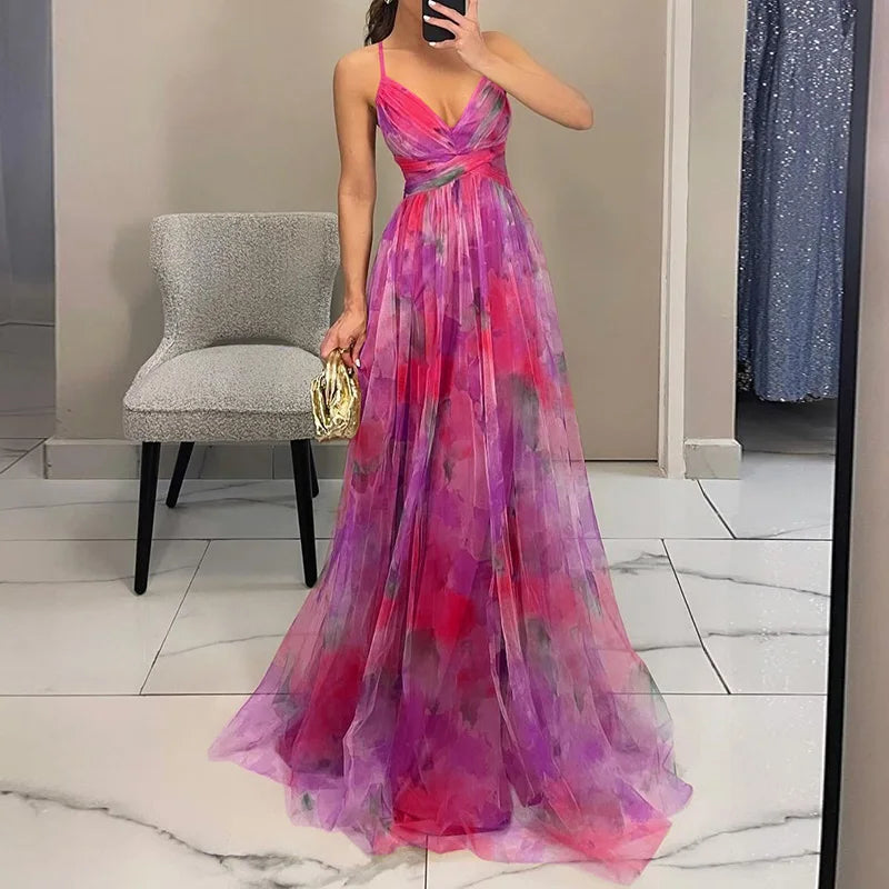 Women's floral mesh maxi dress – Fitted bodice, flowing skirt