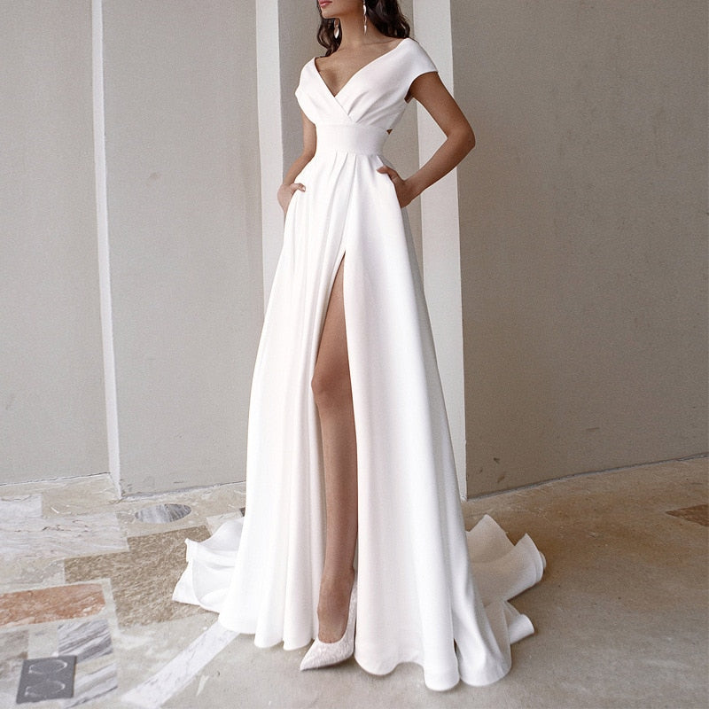 Women’s Maxi Evening Dress with High Slit – Plunging Neckline A-Line Cut Defined Waist
