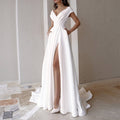 Women’s Maxi Evening Dress with High Slit – Plunging Neckline A-Line Cut Defined Waist