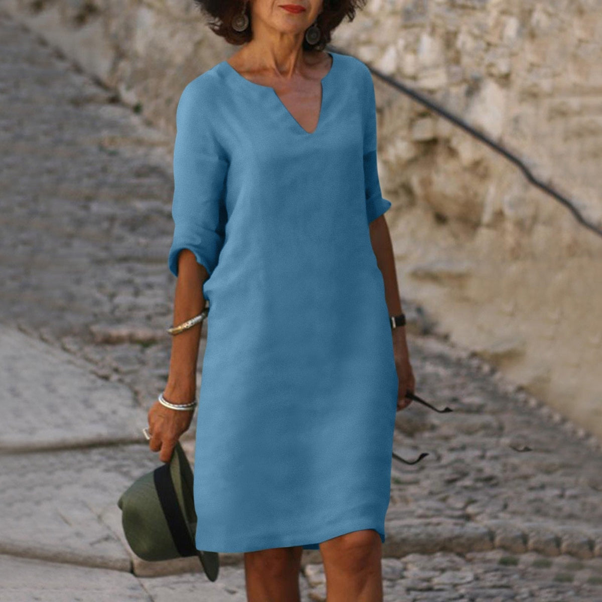 Women's Lightweight V-Neck Midi Dress – Relaxed Straight Cut