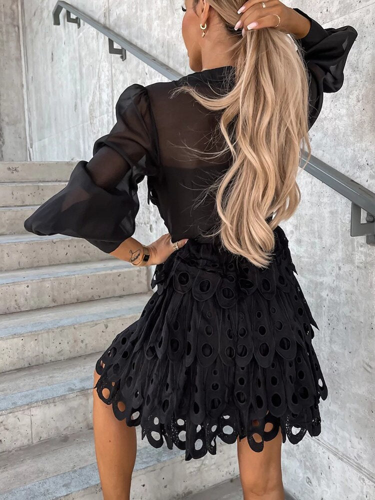 Women’s Embroidered Mini Dress – Sheer Sleeves Flared A-Line Cut