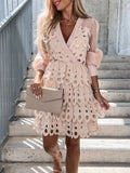 Women’s Embroidered Mini Dress – Sheer Sleeves Flared A-Line Cut