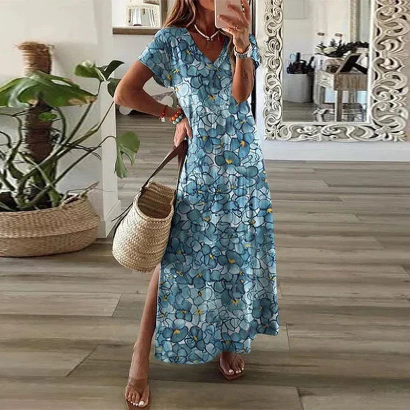 Women's Bohemian Lightweight Maxi Dress – V-Neck Design with Short Sleeves