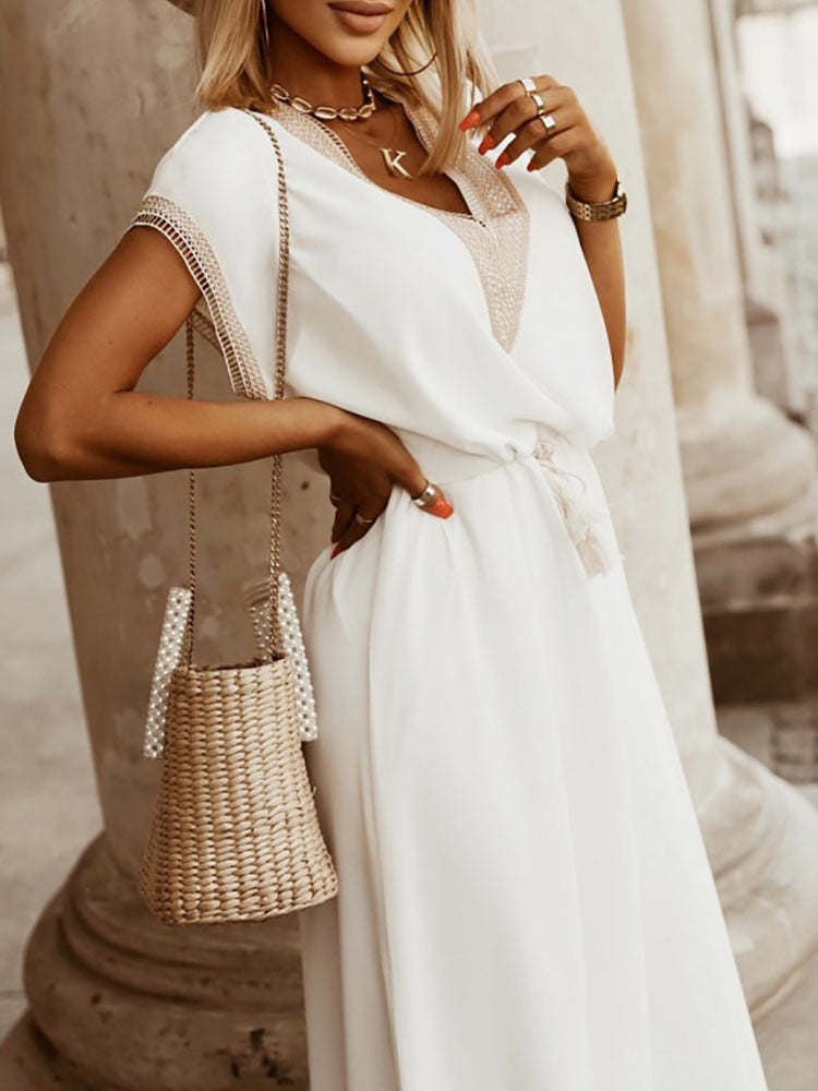 Women’s Bohemian Maxi Dress – V-Neck Pom-Poms Short Sleeves Fluid Cut