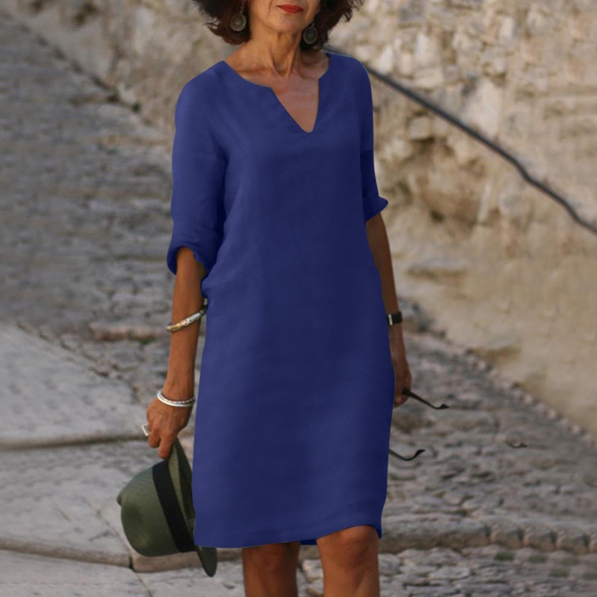 Women's Lightweight V-Neck Midi Dress – Relaxed Straight Cut