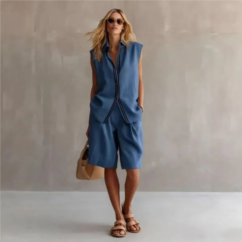 Women's Two-Piece Set – Sleeveless Shirt & Knee-Length Shorts