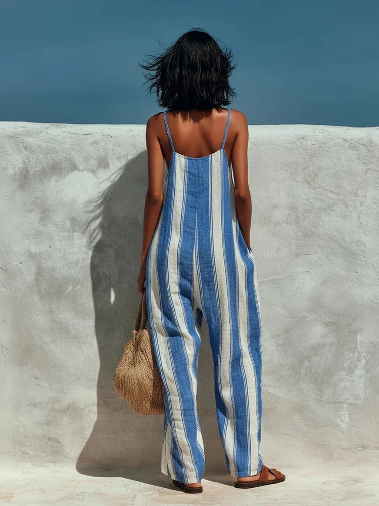 Women's Wide-Leg Striped Jumpsuit – Thin Straps Sleeveless