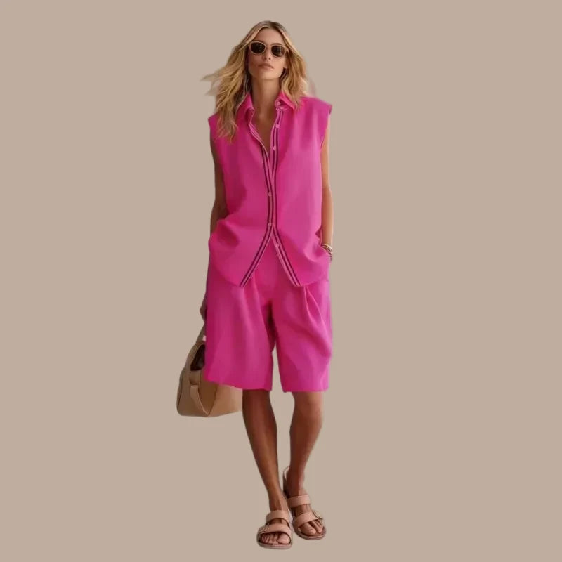 Women's Two-Piece Set – Sleeveless Shirt & Knee-Length Shorts