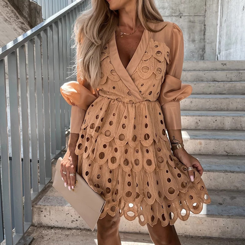 Women’s Embroidered Mini Dress – Sheer Sleeves Flared A-Line Cut