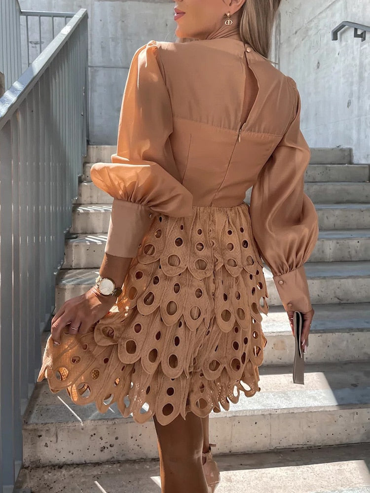 Women’s Embroidered Mini Dress – Sheer Sleeves Flared A-Line Cut