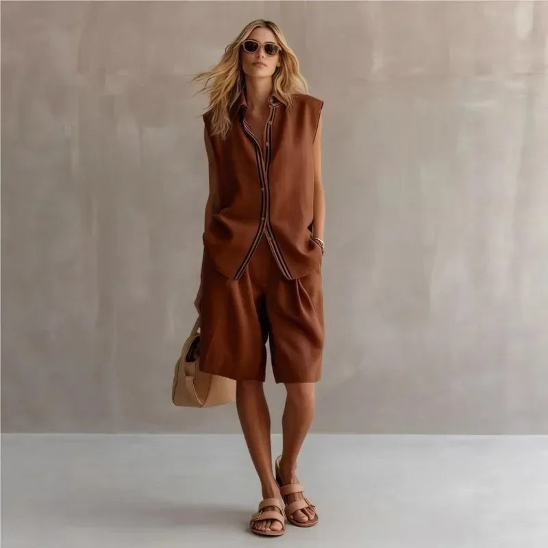 Women's Two-Piece Set – Sleeveless Shirt & Knee-Length Shorts