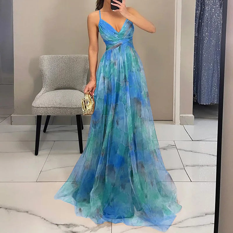 Women's floral mesh maxi dress – Fitted bodice, flowing skirt