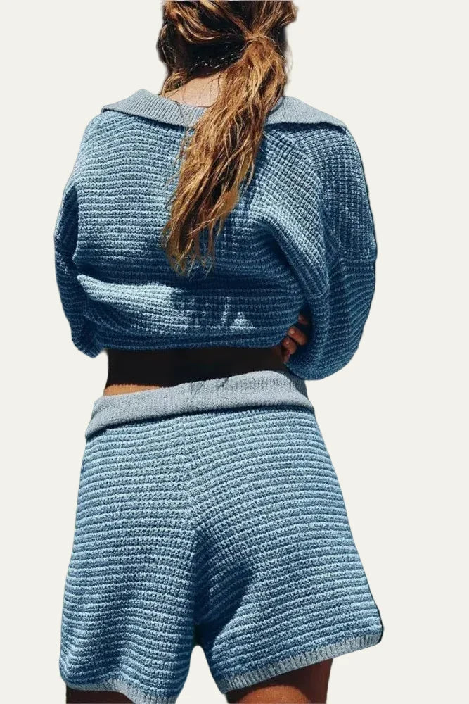 Women's Two-Piece Knit Set – Oversized V-Neck Top & Coordinated Shorts