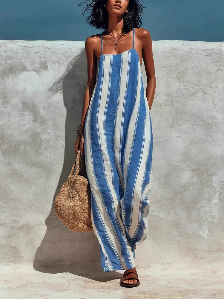 Women's Wide-Leg Striped Jumpsuit – Thin Straps Sleeveless